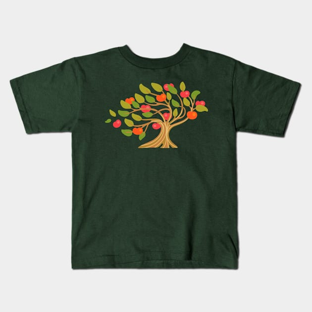 A WINDY DAY IN THE APPLE ORCHARD Ripe Fruit Tree in Bright Warm Autumn Green Red Orange Brown Beige - UnBlink Studio by Jackie Tahara Kids T-Shirt by UnBlink Studio by Jackie Tahara